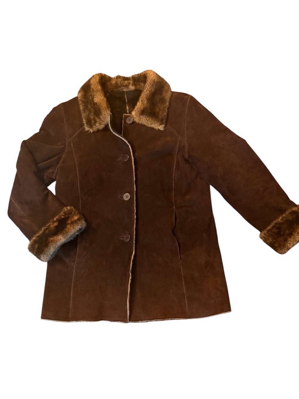 Nordstrom Brown Suede Leather Faux Fur Penny Lane 70’s Style Coat Large EUC